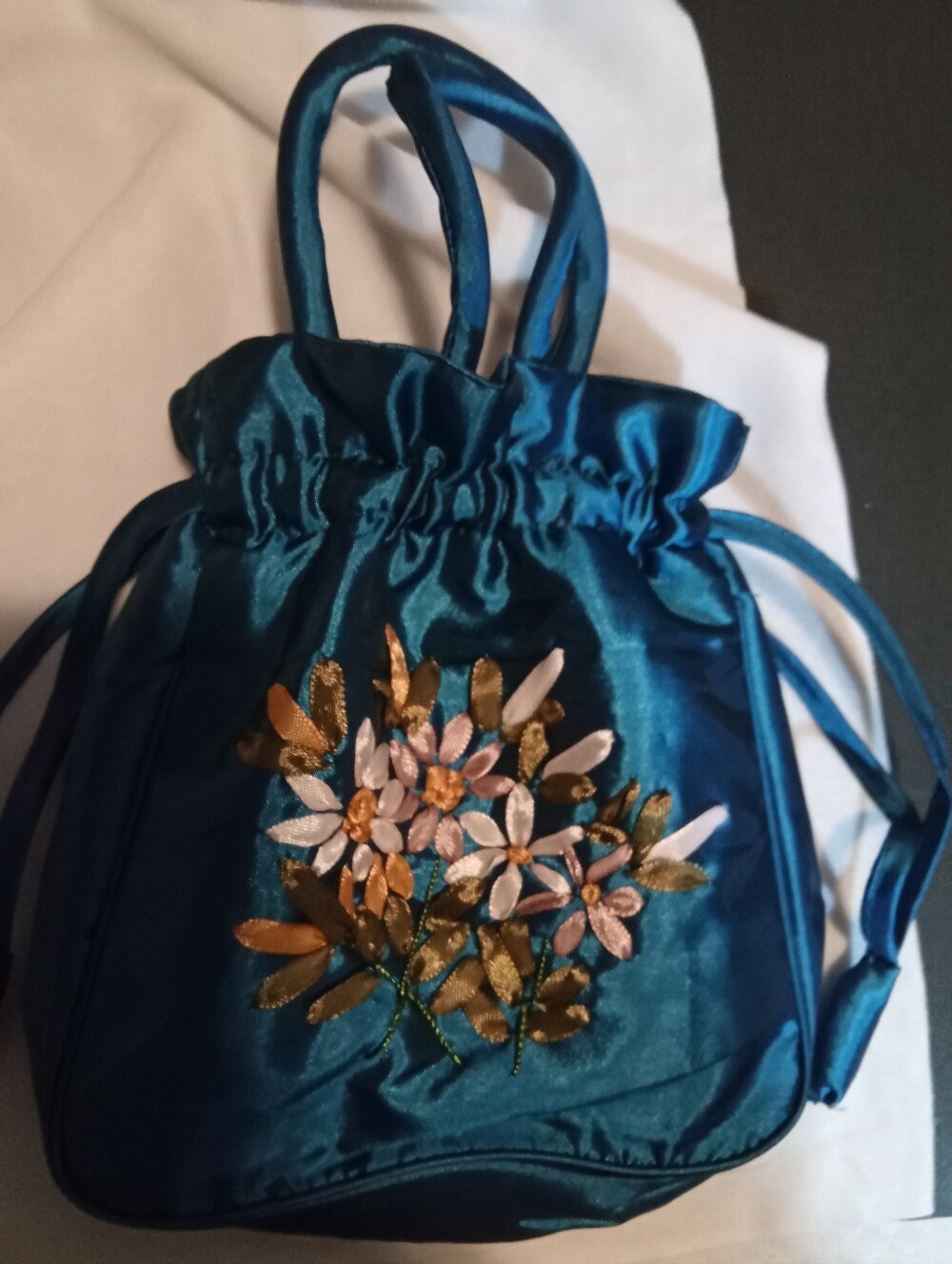 Teal Blue Floral Nylon Embroidered Women’s Tote Bag